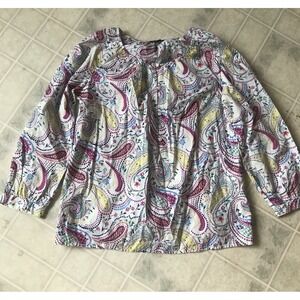 Talbots Sz XS White pink paisley  Floral Loose Popover Blouse 100% Cotton